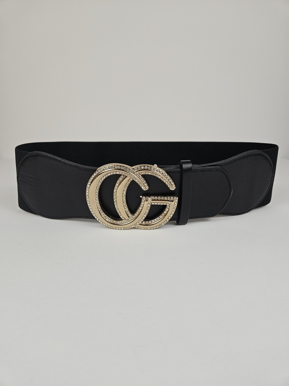 Black Stretch Waist Belt Gold Rhinestone Double Circle Buckle 29”-39”